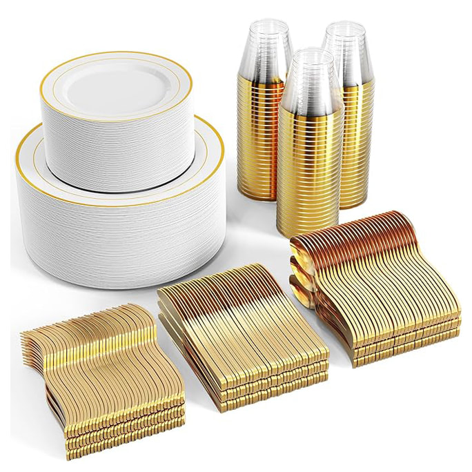 600 pcs Gold Dinnerware Set for 100 Guests, Gold Rim Plastic Plates Disposable, 100 Dinner Plates, 100 Salad Plates, 100 Cups, 100 Gold Silverware Set
