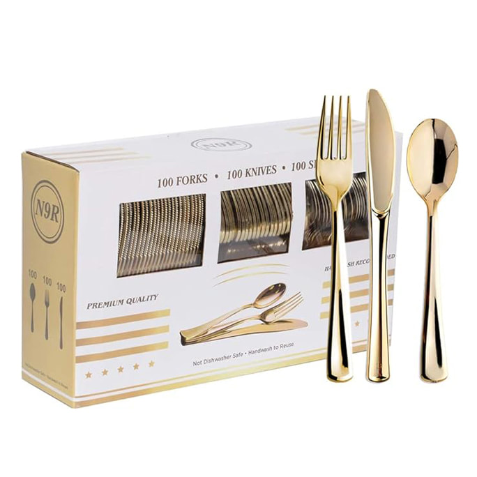 Gold plastic utensils, 100 pieces of each forks, knives and spoons