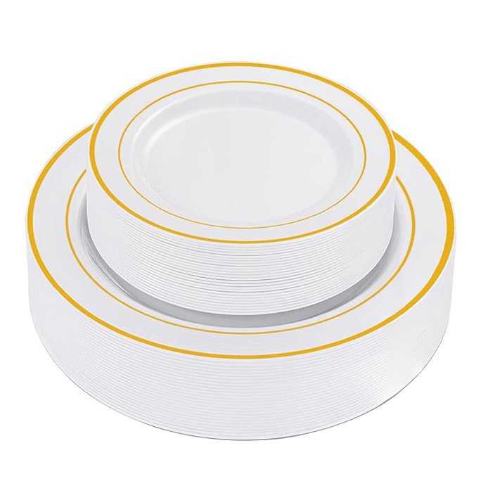 White Plastic Plates with Gold Rim, 36pcs Dinner Plates 10.25”, 36pcs Disposable Dessert/Salad Plates 7.5”