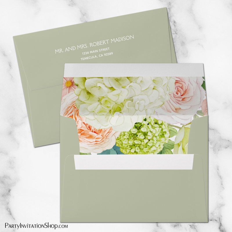 Chic Hydrangea Roses Floral Lined Sage Green Envelopes
