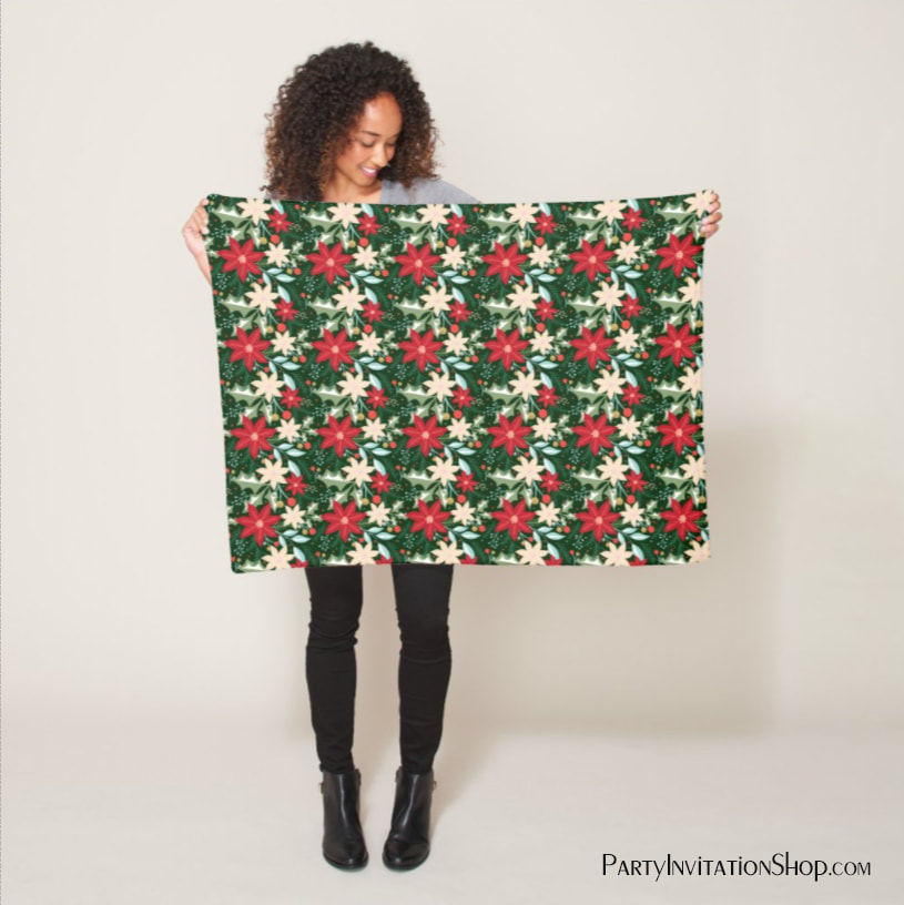 Poinsettia Flowers and Leaves Holiday Christmas Fleece Blanket