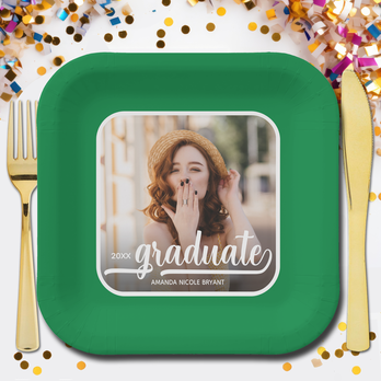 Graduate Photo Bold Script Green Graduation Paper Plates