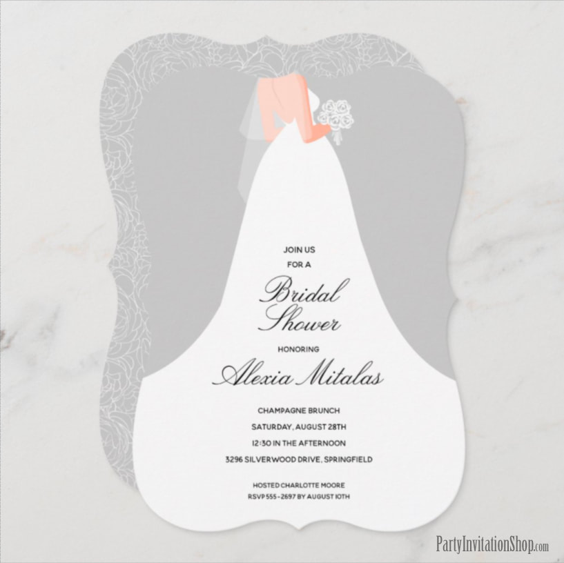 Wedding Dress on Gray Bridal Shower Invitations