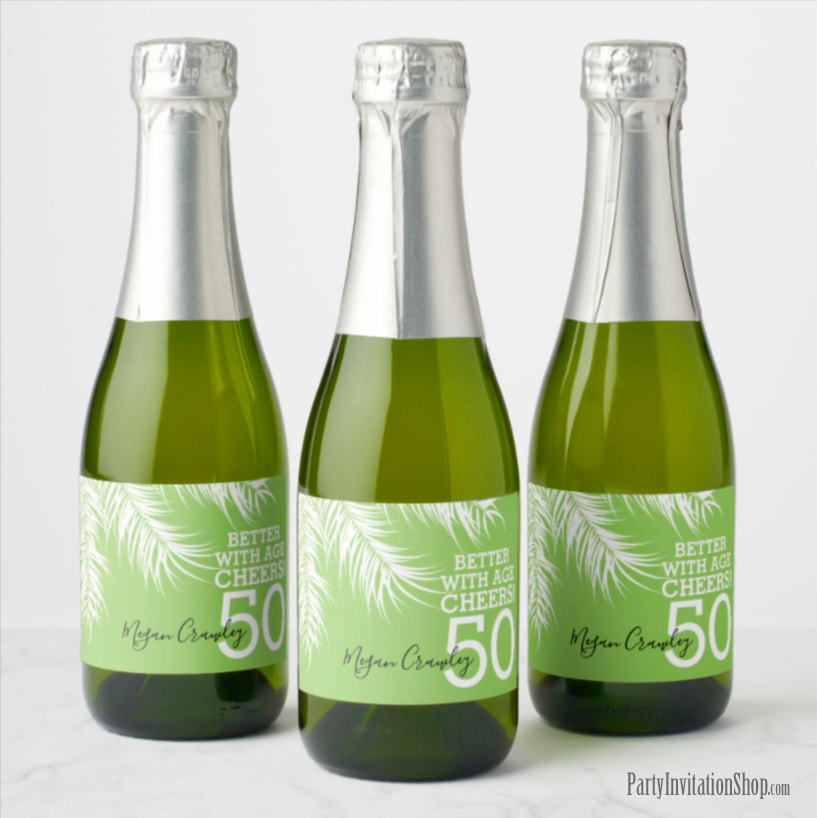Better with Age Mini Champagne Labels - White Palm Fronds on Green