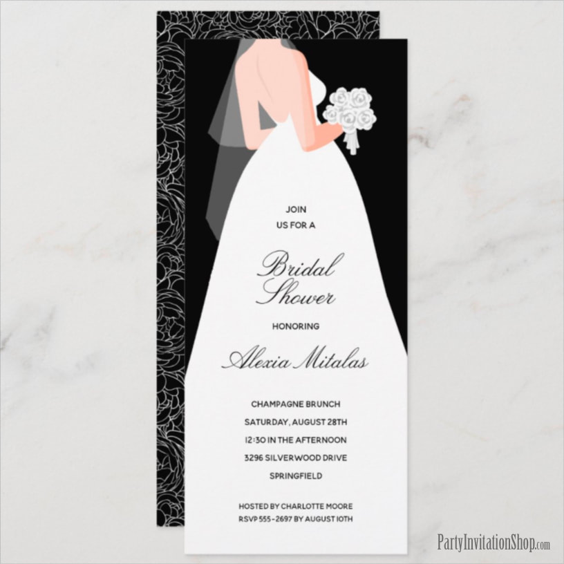 Wedding Dress on Black Long Bridal Shower Invitations