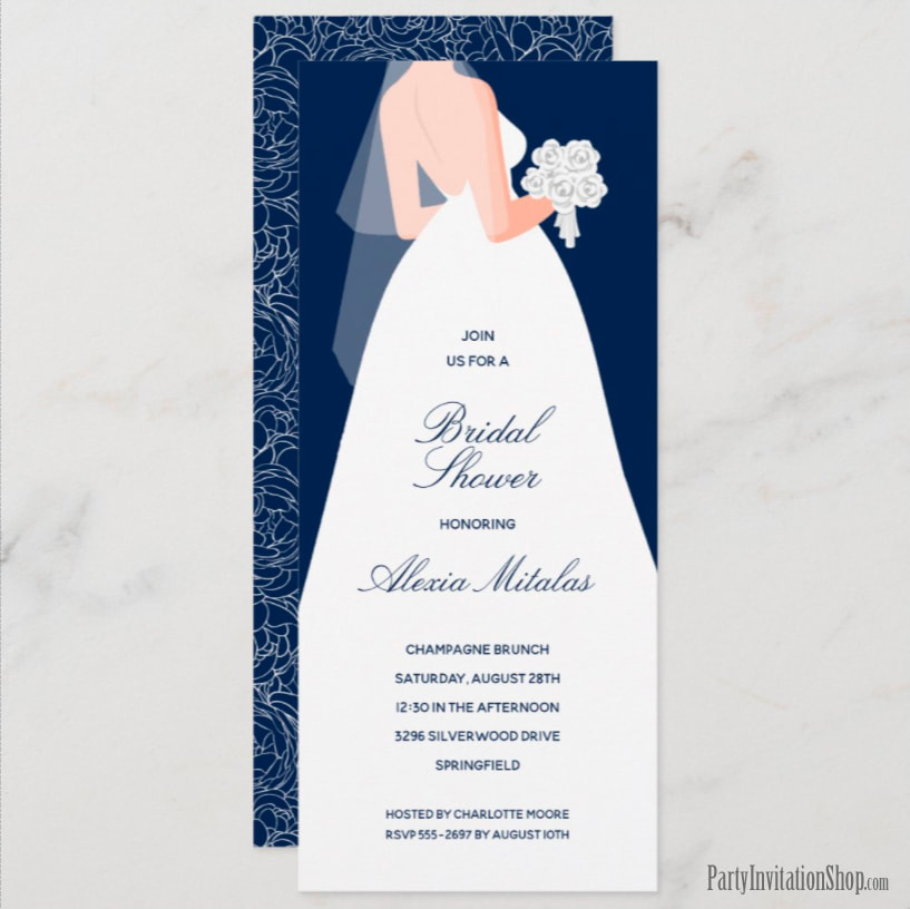 Wedding Dress on Navy Blue Long Bridal Shower Invitations