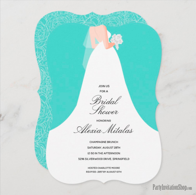 Wedding Dress on Turquoise Bridal Shower Invitations