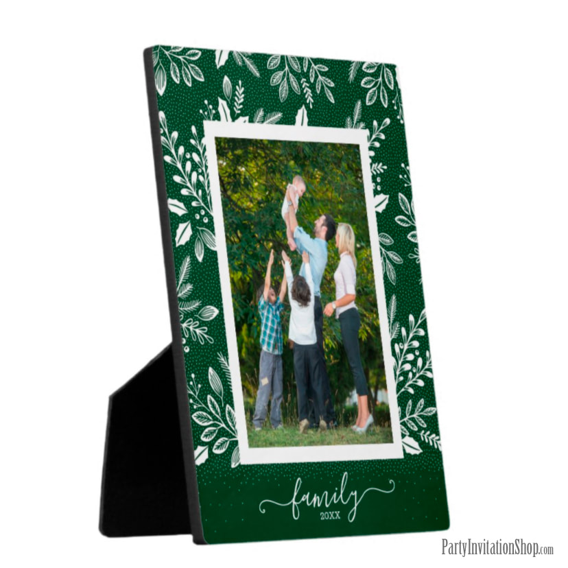 White Botanicals on Green Tabletop Easel Photo Plaque