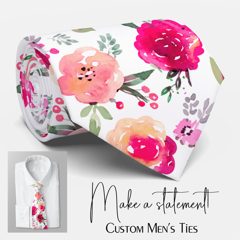 Cerise Pink Watercolor Floral Wedding Neck Tie