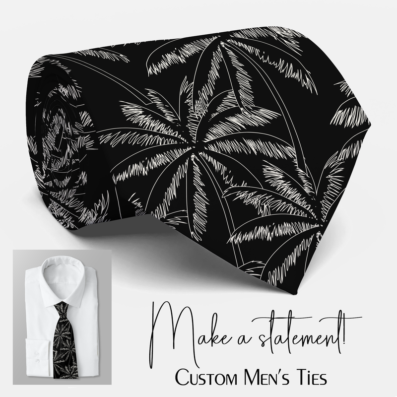 Tropical White Palm Trees on Black Background Neck Tie