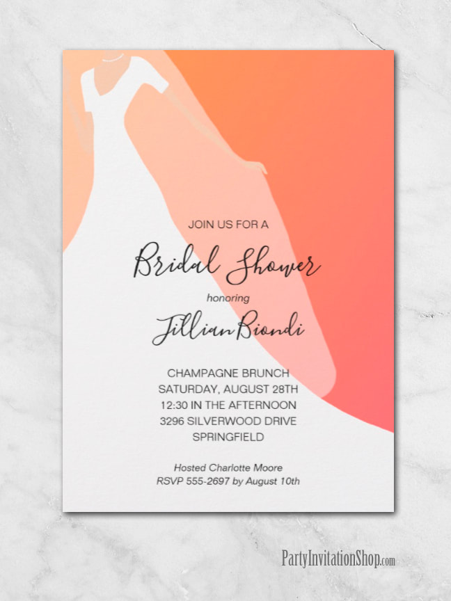 Elegant Gown on Orange Bridal Shower Invitations