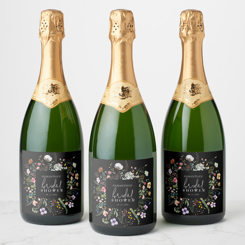 Wildflowers on Black Bridal Shower Champagne Labels