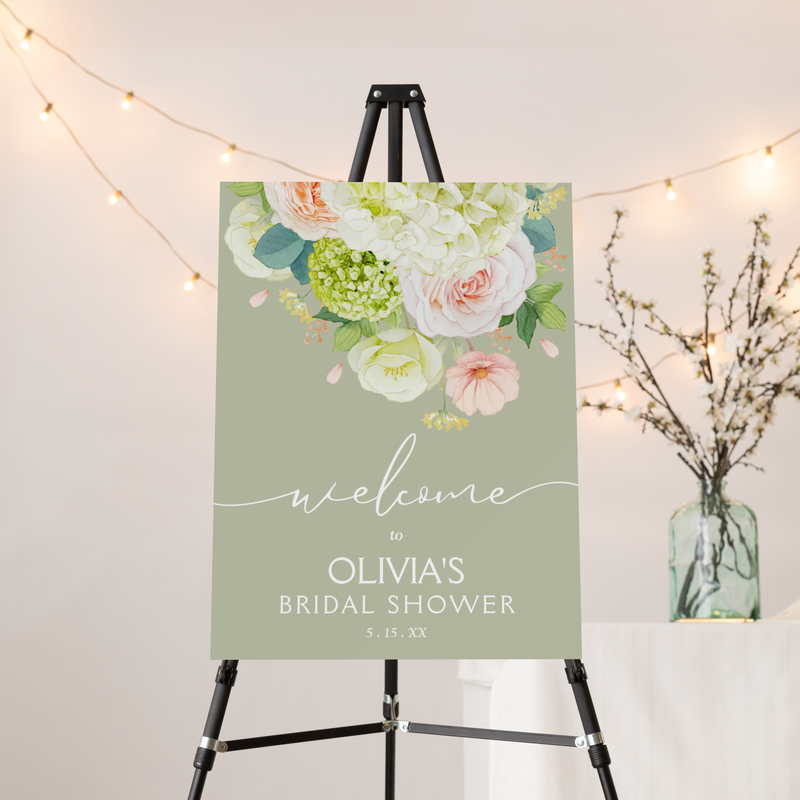 Watercolor Floral Bridal Shower Sage Green Welcome Foam Board
