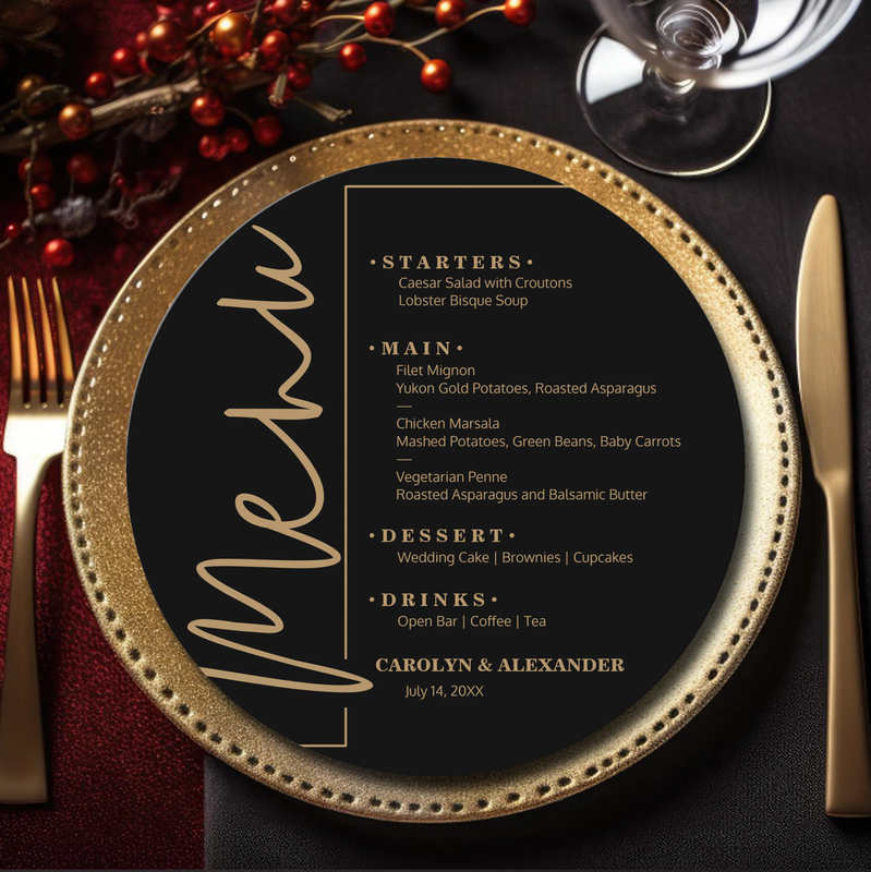 Chic Black and Gold Round Menu Cards