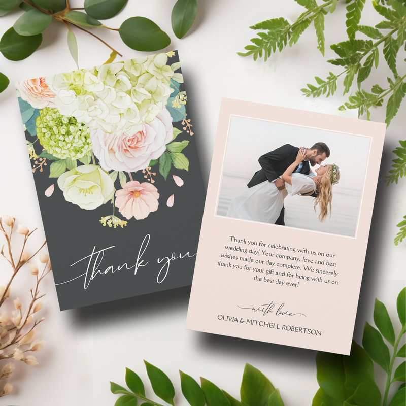 Chic Watercolor Florals Wedding Photo Thank You Cards