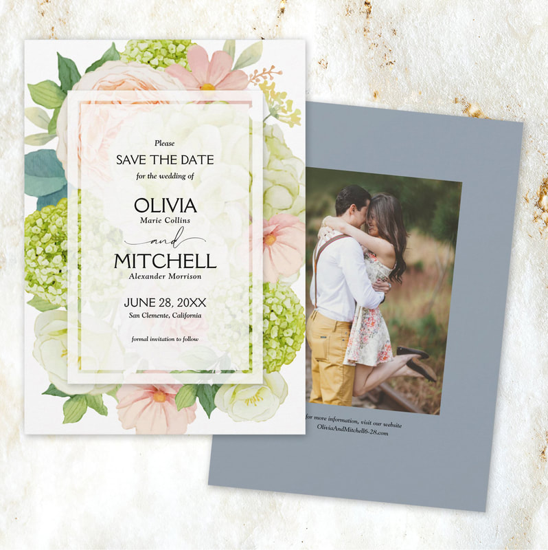 Romantic Floral Dusty Blue Photo Wedding Save The Date Cards