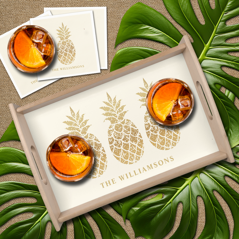 Personalized Gold Pineapples on Ivory Serving Tray