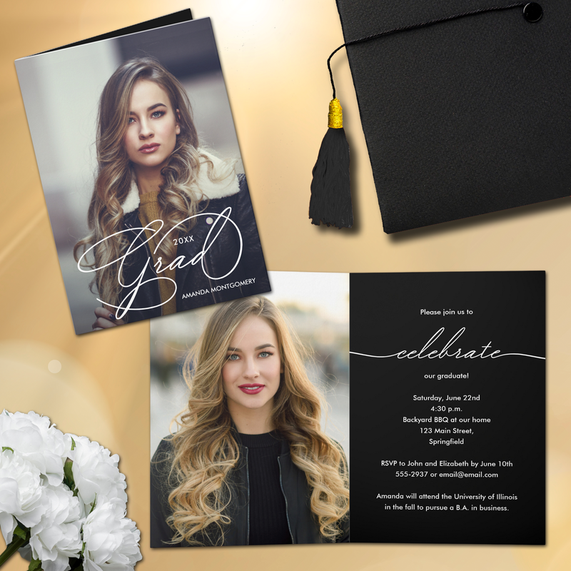 Elegant Grad Script Photo Graduation Folded Invitations