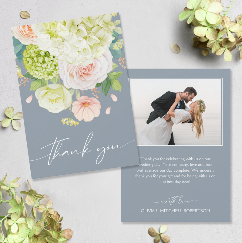 Floral Wedding Photo Dusty Blue Thank You Cards