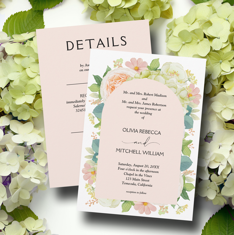 Chic Florals Blush Pink Wedding All in One Invitations