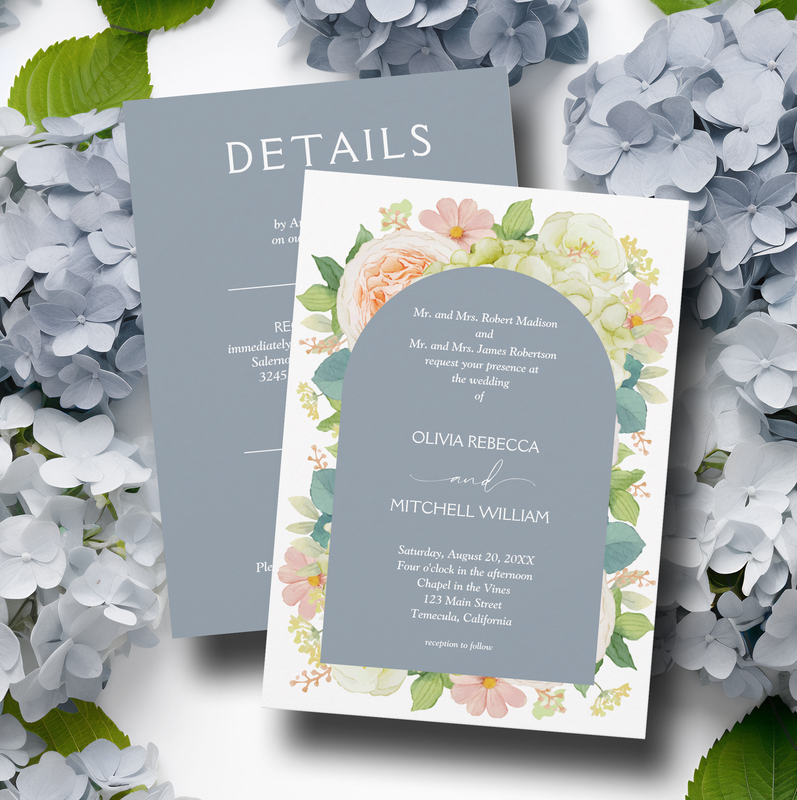 Chic Florals Wedding All in One Dusty Blue Invitations