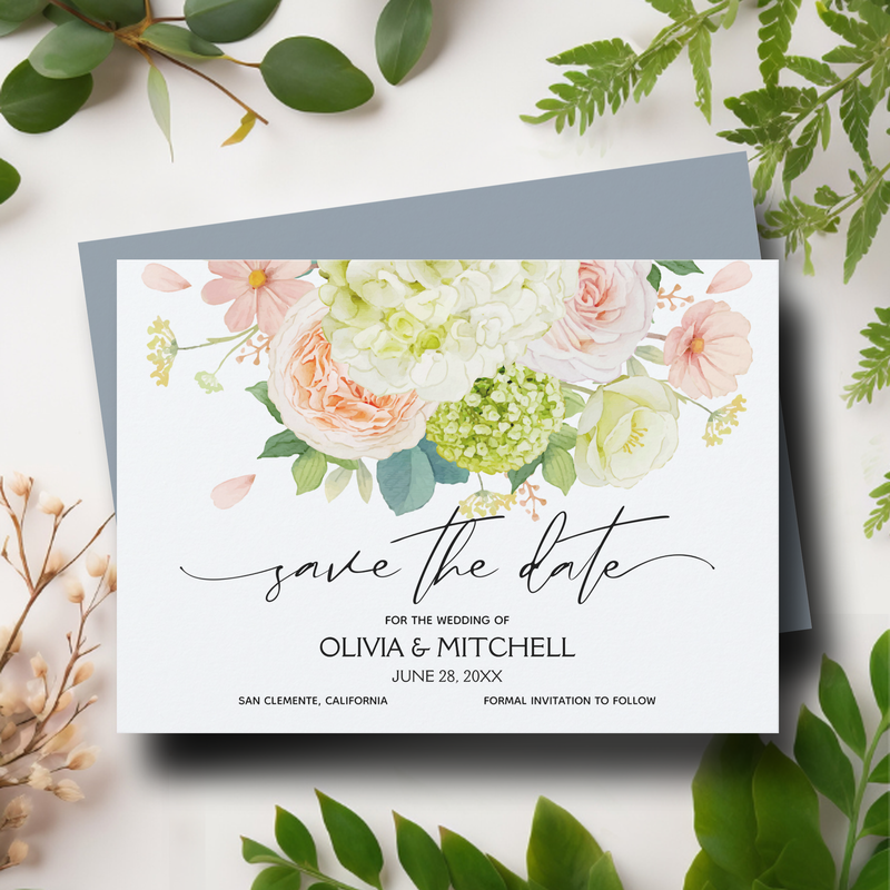 Watercolor Florals Dusty Blue Wedding Save The Date Cards