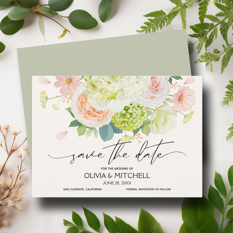 Elegant Florals on Sage Wedding Save the Date Cards