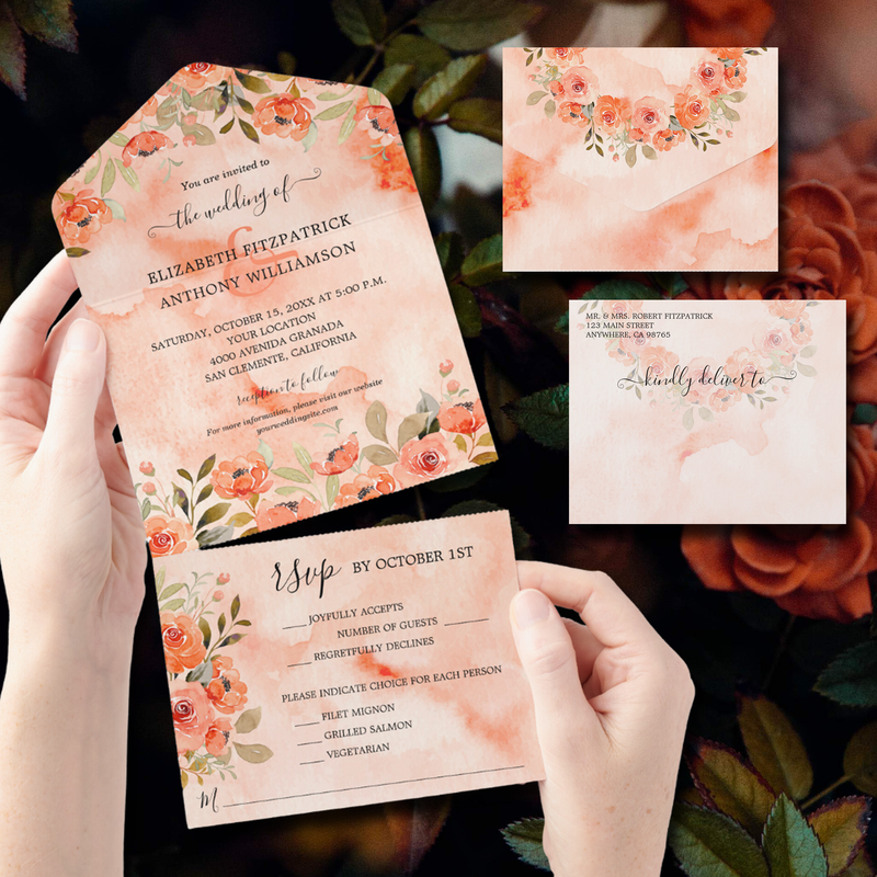 Watercolor Orange Floral All In One Wedding Invitations