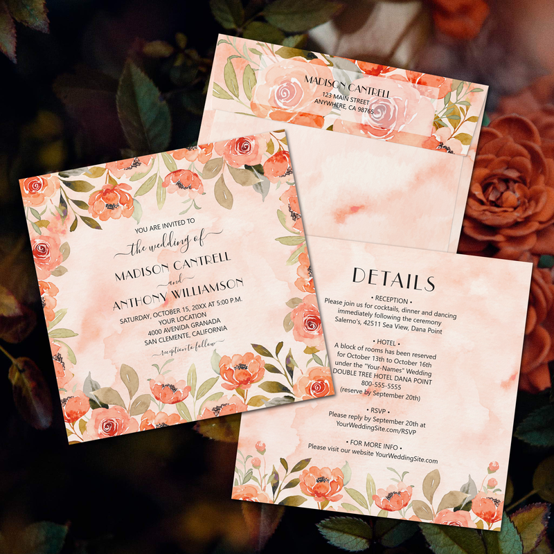 Chic Watercolor Floral Wedding All In One Invitations