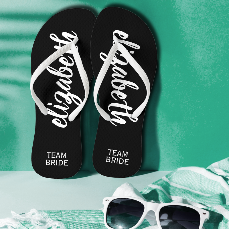 Black and White Personalized Team Bride Flip Flops