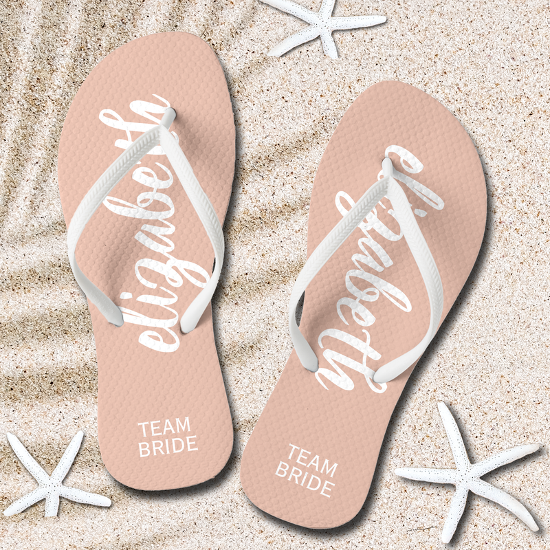 Blush Pink and White Personalized Team Bride Flip Flops