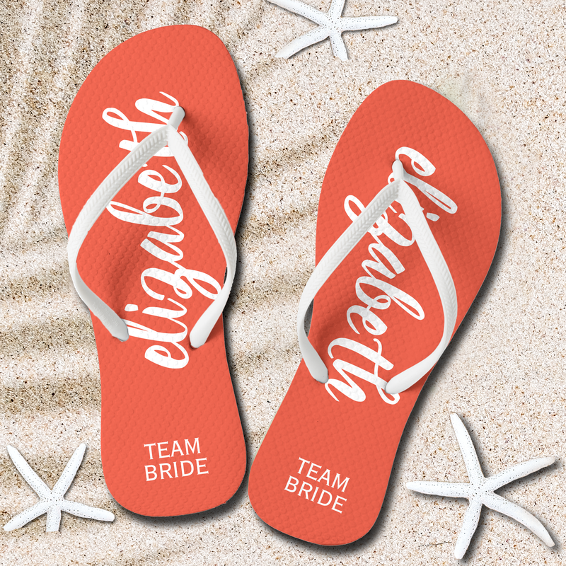 Personalized Team Bride Peach and White Flip Flops
