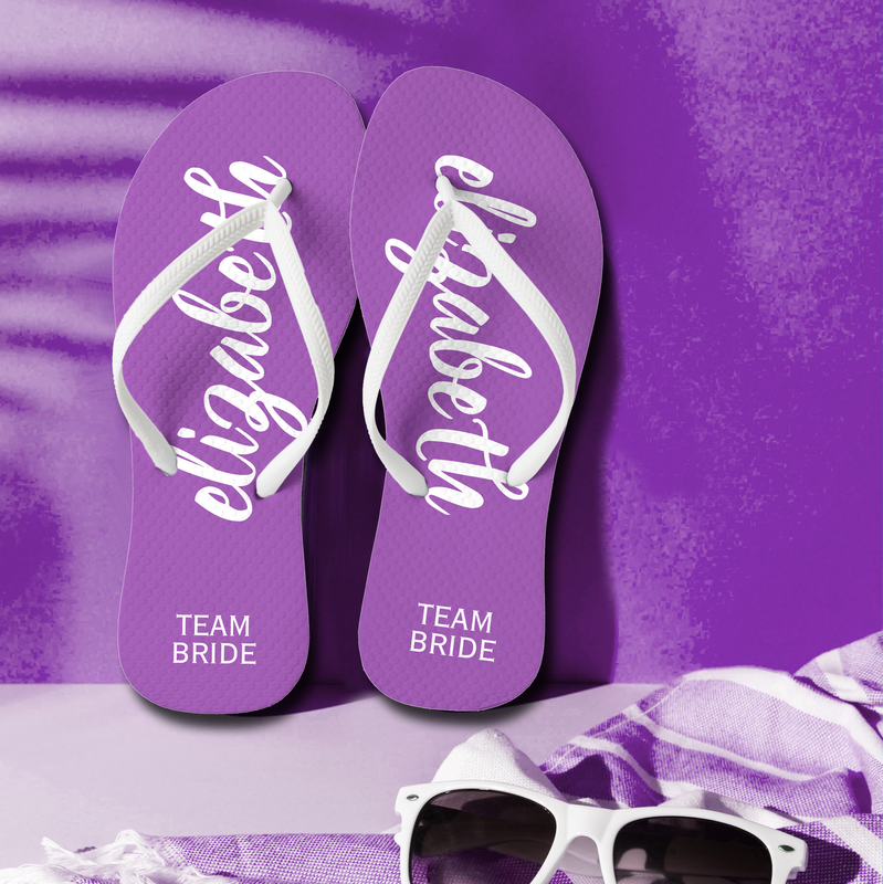 Purple and White Personalized Team Bride Flip Flops