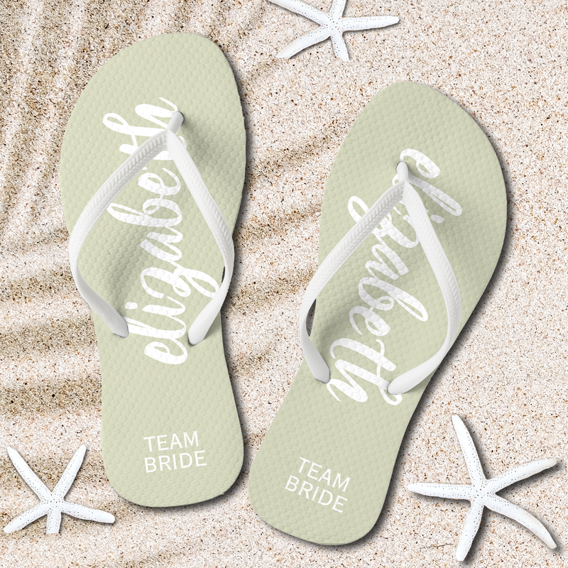 Sage Green and White Personalized Team Bride Flip Flops