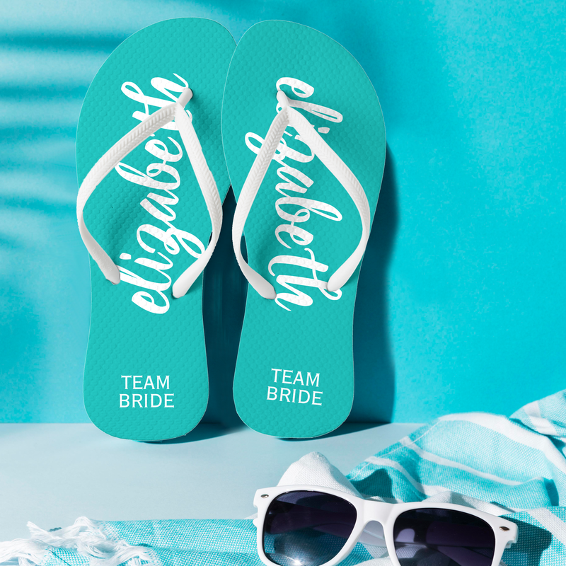 Turquoise and White Personalized Team Bride Flip Flops