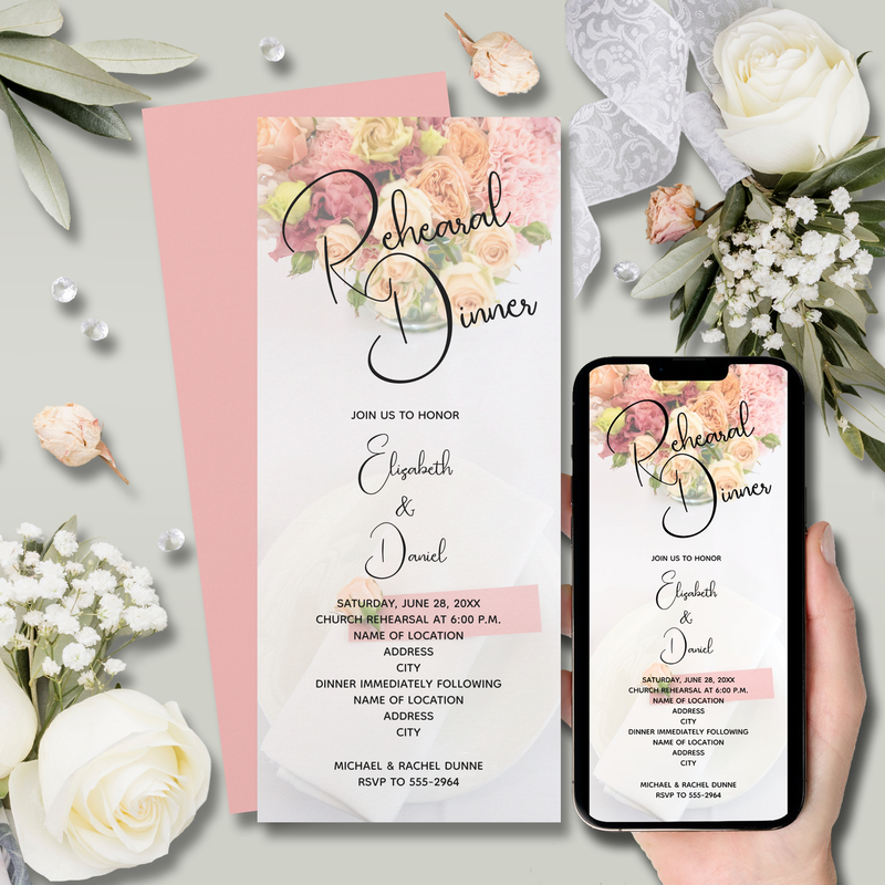 Pink Floral Table Setting Rehearsal Dinner Invitations