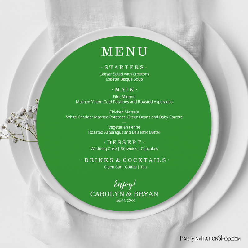 Simple Elegant Forest Green Round Wedding Dinner Menu