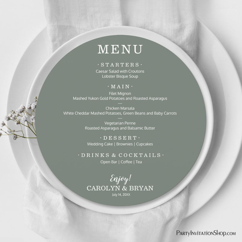 Simple Elegant Moss Green Round Wedding Dinner Menu Cards