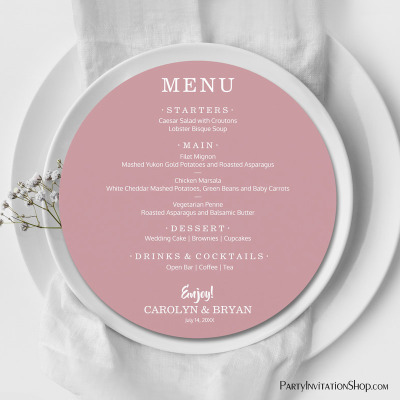 Simple Elegant Dusty Rose Round Wedding Dinner Menu Cards