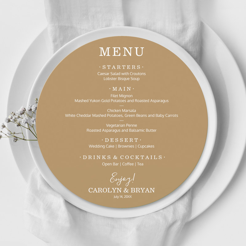 Simple Elegant Gold Round Wedding Dinner Menu Cards