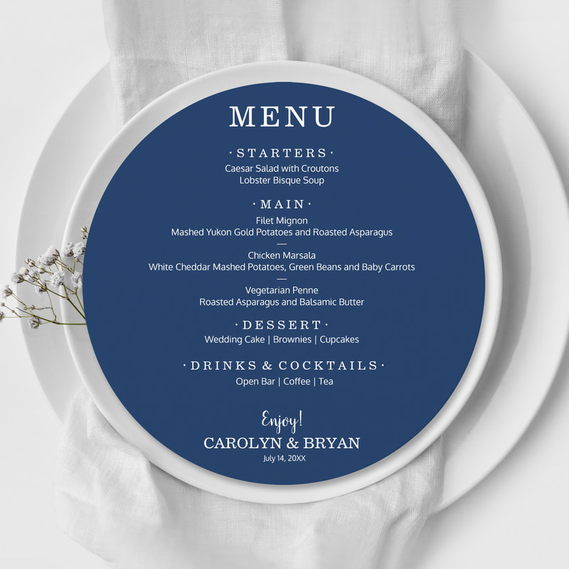 Navy Blue Round Wedding Dinner Menu