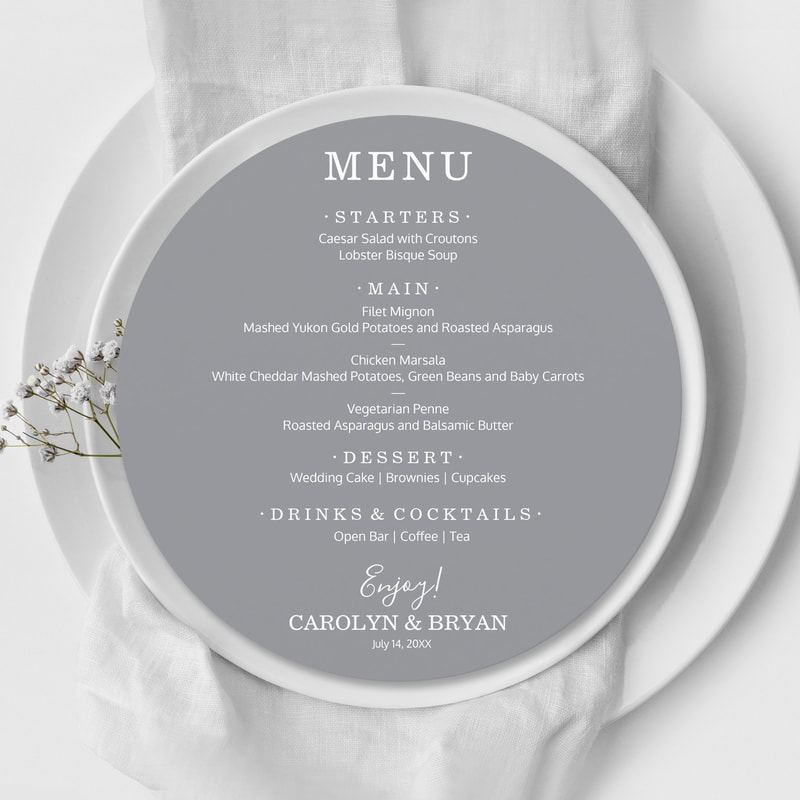 Simple Elegant Ultimate Gray Round Wedding Dinner Menu Cards