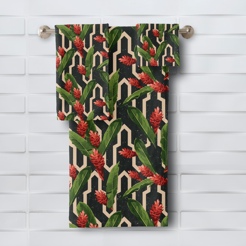 Tropical Leaves Ginger Geometric Pattern Bath Towel Set
