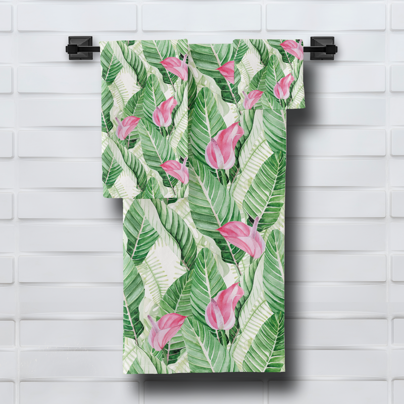 Tropical Pink Floral and Greenery Bath Towel Set