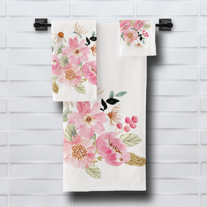 Watercolor Pink Floral Garden Bath Towel Set