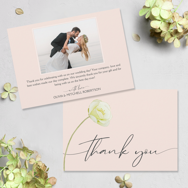 Chic Watercolor Flower Wedding Photo Thank You Cards